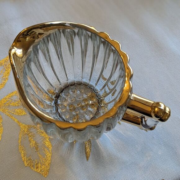 Vintage Jeannette Glass Creamer Sugar Bowl & Tray Set Ribbed Gold Hobnail MCM - Picture 8 of 16